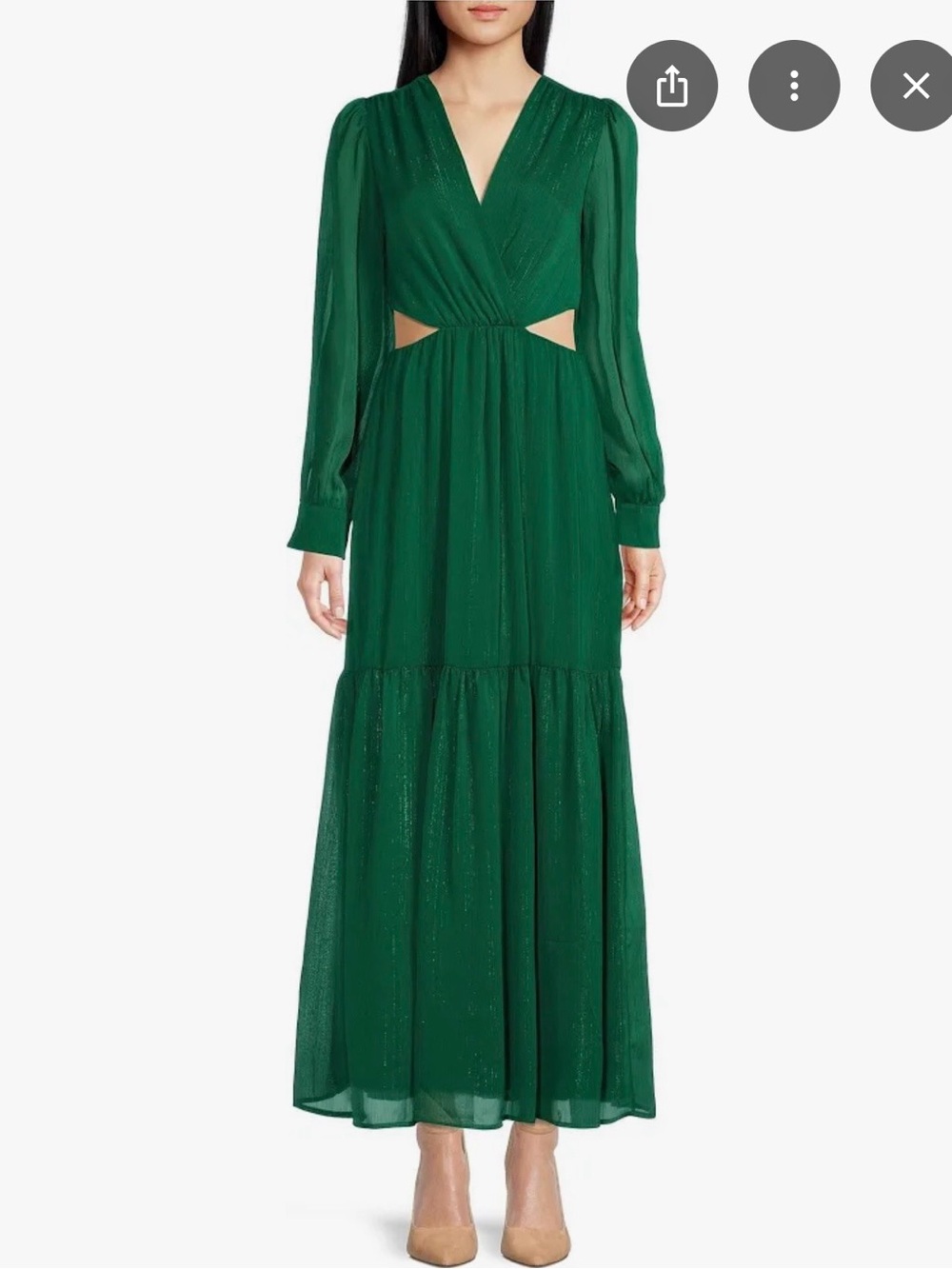 Wayf Emerald Green Long Sleeve Maxi Dress with V-Neck and Waist Cutouts
